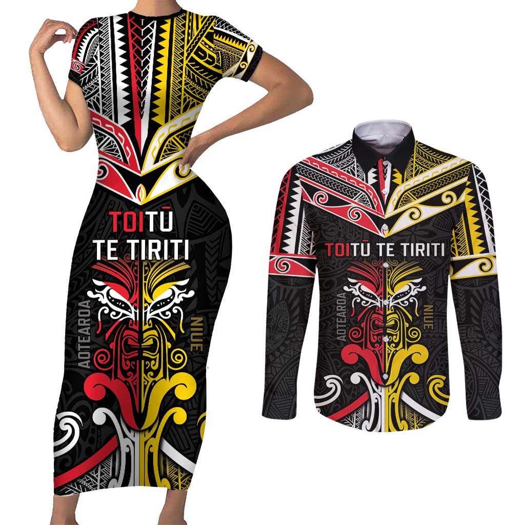 Niue And Aotearoa Couples Matching Short Sleeve Bodycon Dress and Long Sleeve Button Shirt Together For Te Tiriti O Waitangi