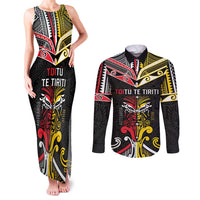 Niue And Aotearoa Couples Matching Tank Maxi Dress and Long Sleeve Button Shirt Together For Te Tiriti O Waitangi LT05 Black - Polynesian Pride