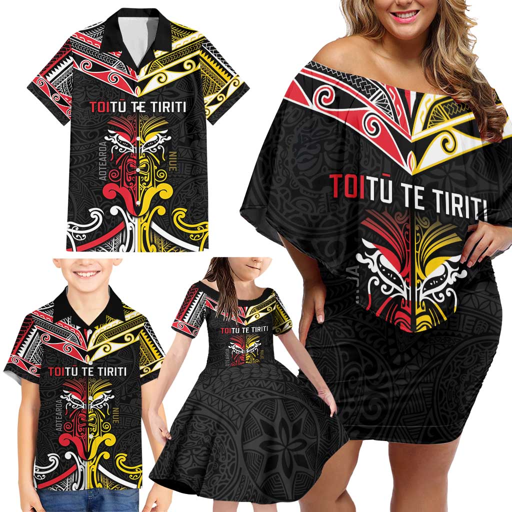 Niue And Aotearoa Family Matching Off Shoulder Short Dress and Hawaiian Shirt Together For Te Tiriti O Waitangi