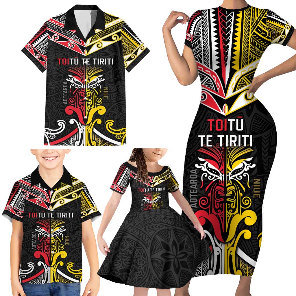 Niue And Aotearoa Family Matching Short Sleeve Bodycon Dress and Hawaiian Shirt Together For Te Tiriti O Waitangi