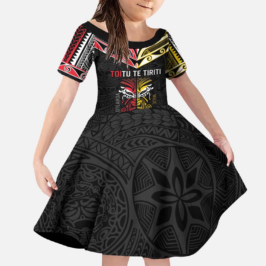 Niue And Aotearoa Family Matching Tank Maxi Dress and Hawaiian Shirt Together For Te Tiriti O Waitangi LT05 Daughter's Dress Black - Polynesian Pride