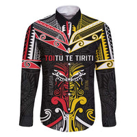 Niue And Aotearoa Family Matching Tank Maxi Dress and Hawaiian Shirt Together For Te Tiriti O Waitangi LT05 Dad's Shirt - Long Sleeve Black - Polynesian Pride