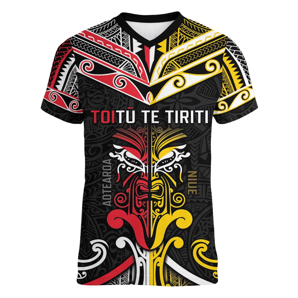 Niue And Aotearoa Women V-Neck T-Shirt Together For Te Tiriti O Waitangi