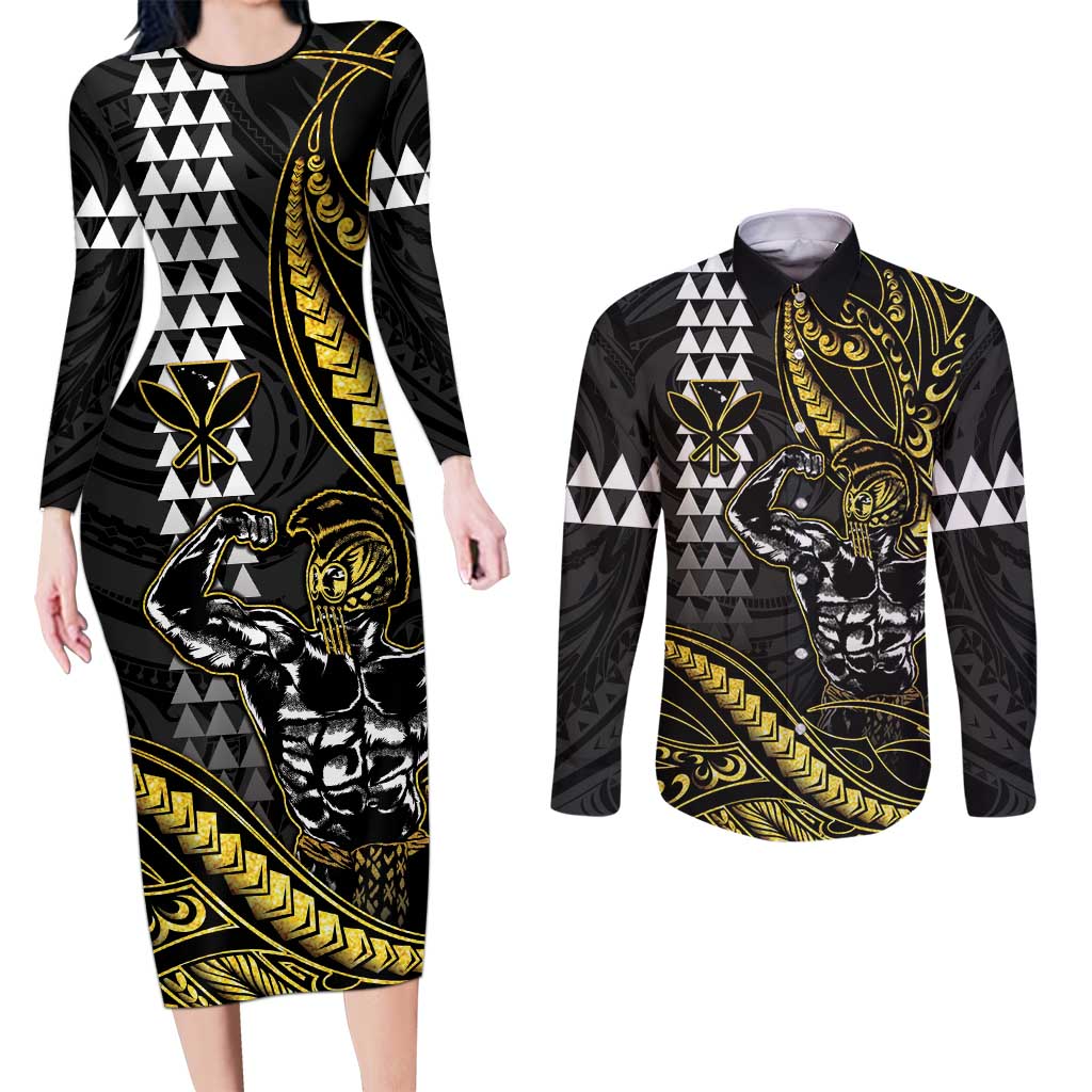 Hawaii Ikaika Warrior Helmet Couples Matching Long Sleeve Bodycon Dress and Long Sleeve Button Shirt Gold Style LT05 Gold - Polynesian Pride