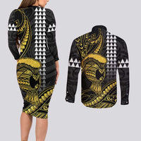Hawaii Ikaika Warrior Helmet Couples Matching Long Sleeve Bodycon Dress and Long Sleeve Button Shirt Gold Style LT05 - Polynesian Pride