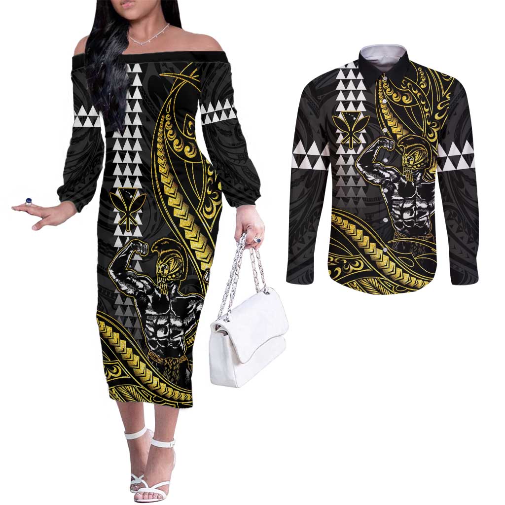 Hawaii Ikaika Warrior Helmet Couples Matching Off The Shoulder Long Sleeve Dress and Long Sleeve Button Shirt Gold Style LT05 Gold - Polynesian Pride