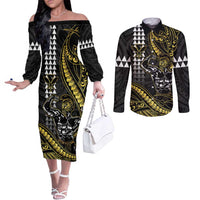 Hawaii Ikaika Warrior Helmet Couples Matching Off The Shoulder Long Sleeve Dress and Long Sleeve Button Shirt Gold Style LT05 Gold - Polynesian Pride