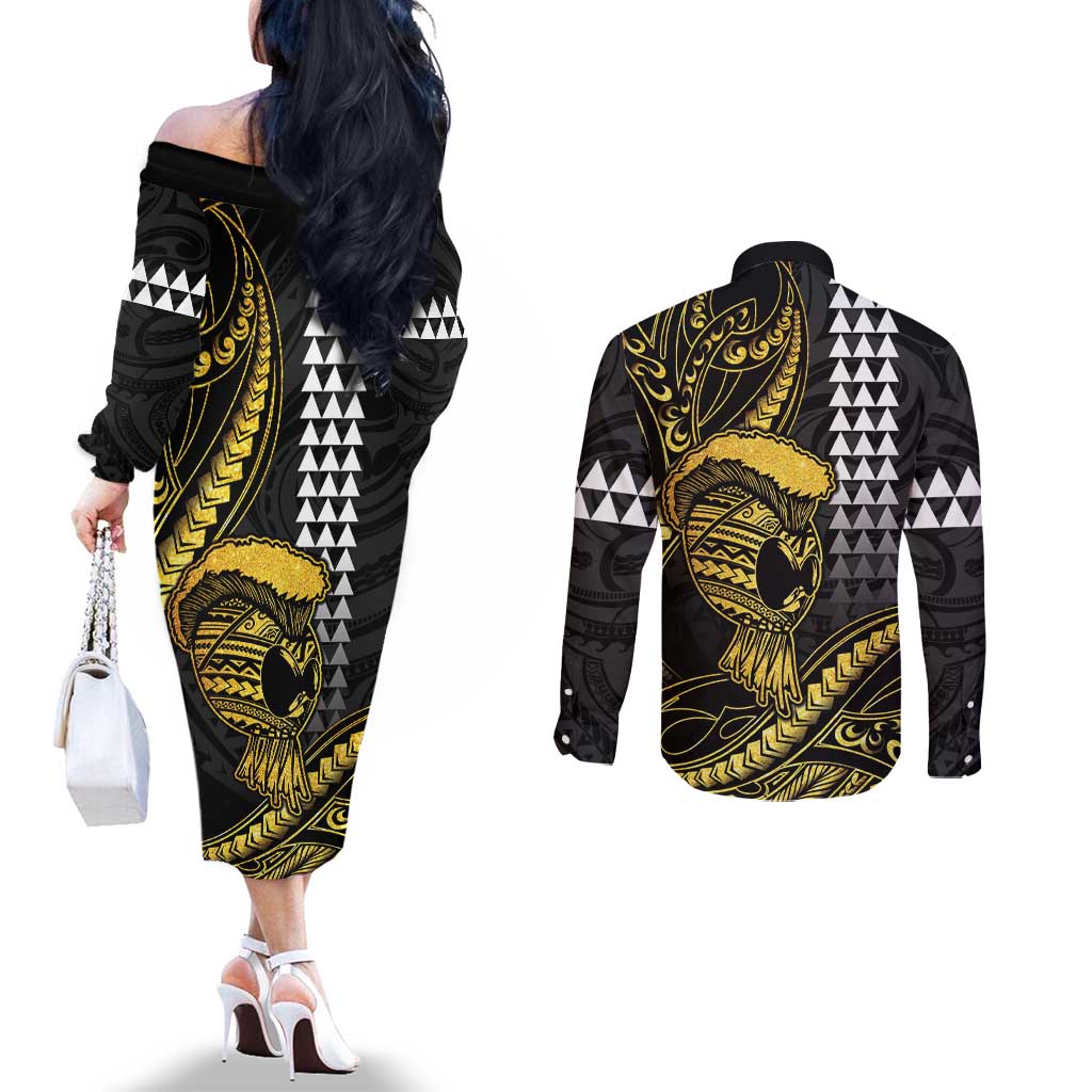 Hawaii Ikaika Warrior Helmet Couples Matching Off The Shoulder Long Sleeve Dress and Long Sleeve Button Shirt Gold Style LT05 - Polynesian Pride