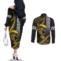 Hawaii Ikaika Warrior Helmet Couples Matching Off The Shoulder Long Sleeve Dress and Long Sleeve Button Shirt Gold Style LT05 - Polynesian Pride