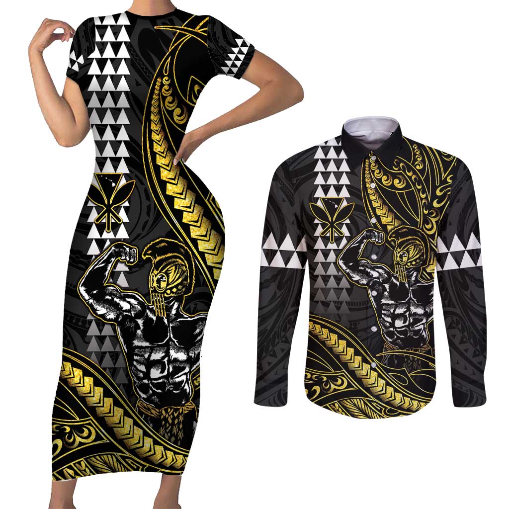 Hawaii Ikaika Warrior Helmet Couples Matching Short Sleeve Bodycon Dress and Long Sleeve Button Shirt Gold Style LT05 Gold - Polynesian Pride