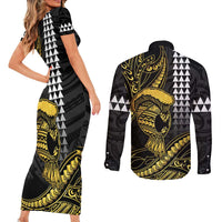 Hawaii Ikaika Warrior Helmet Couples Matching Short Sleeve Bodycon Dress and Long Sleeve Button Shirt Gold Style LT05 - Polynesian Pride