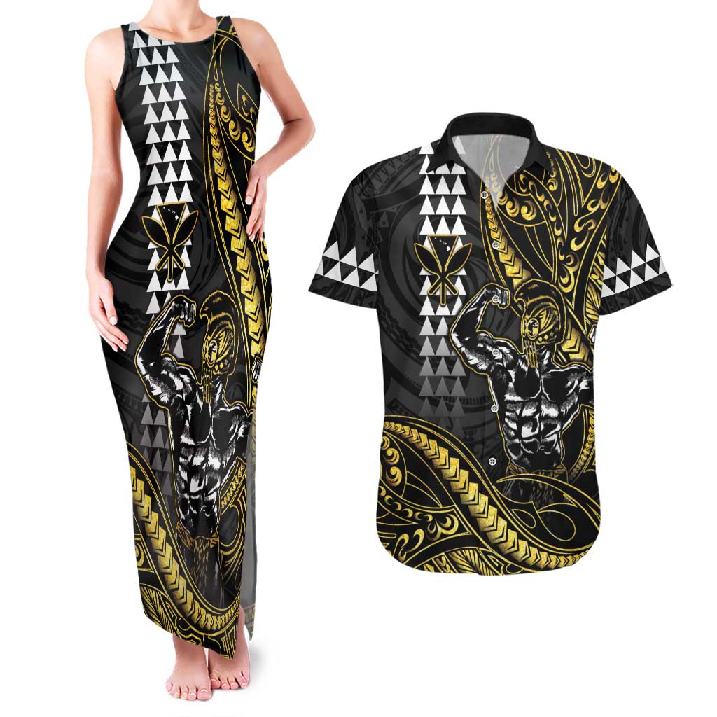 Hawaii Ikaika Warrior Helmet Couples Matching Tank Maxi Dress and Hawaiian Shirt Gold Style LT05 Gold - Polynesian Pride