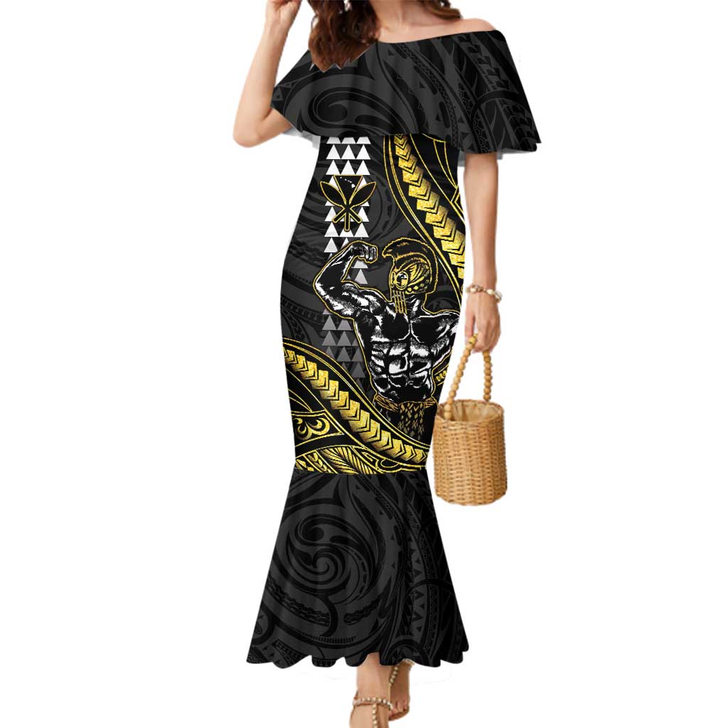 Hawaii Ikaika Warrior Helmet Family Matching Mermaid Dress and Hawaiian Shirt Gold Style