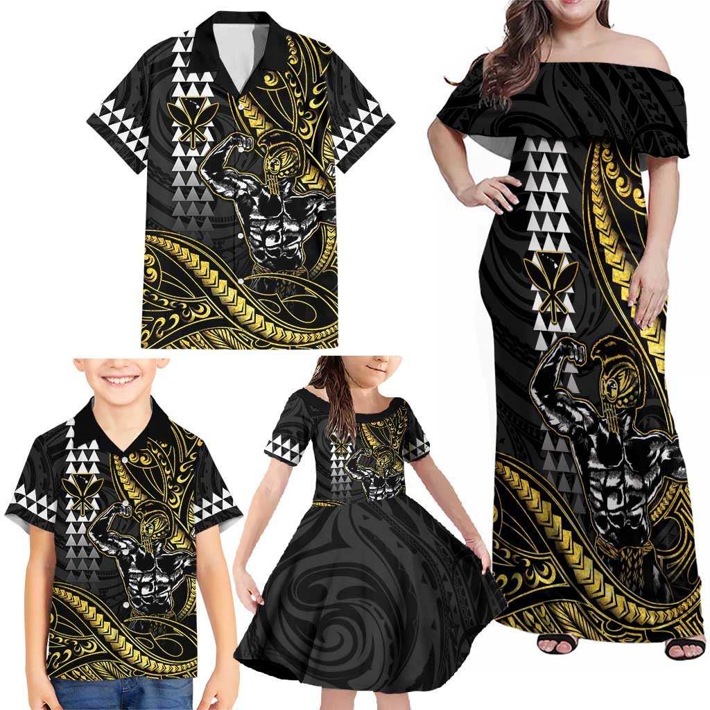 Hawaii Ikaika Warrior Helmet Family Matching Off Shoulder Maxi Dress and Hawaiian Shirt Gold Style LT05 - Polynesian Pride