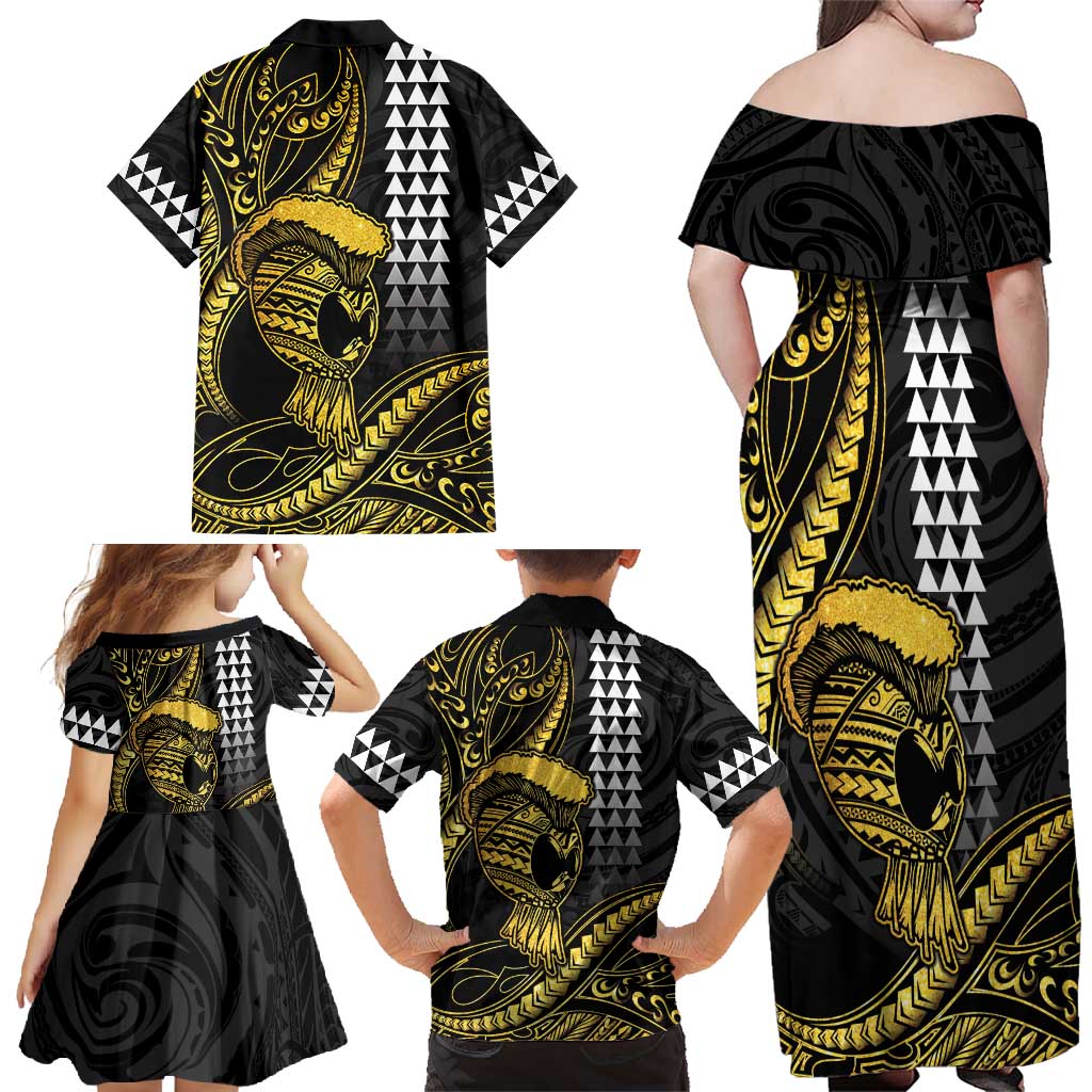 Hawaii Ikaika Warrior Helmet Family Matching Off Shoulder Maxi Dress and Hawaiian Shirt Gold Style LT05 - Polynesian Pride