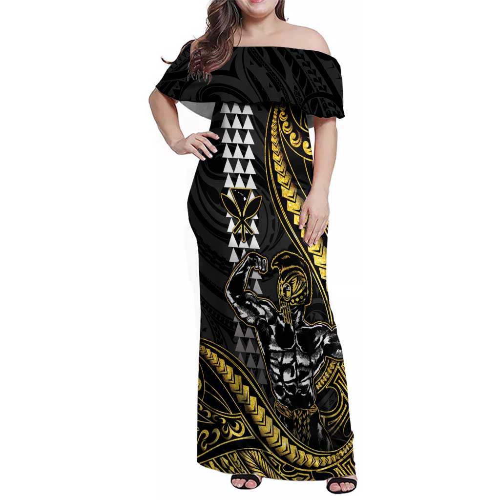 Hawaii Ikaika Warrior Helmet Family Matching Off Shoulder Maxi Dress and Hawaiian Shirt Gold Style LT05 Mom's Dress Gold - Polynesian Pride