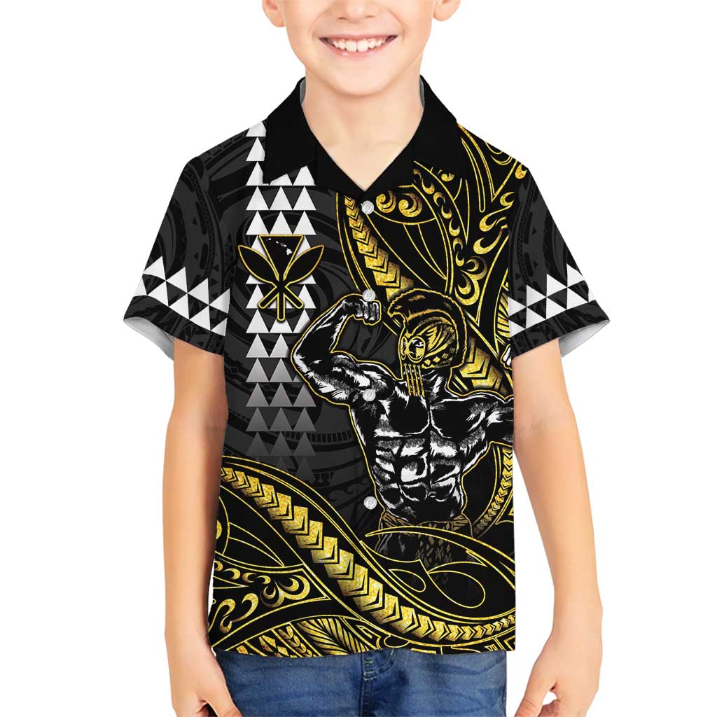 Hawaii Ikaika Warrior Helmet Family Matching Off Shoulder Maxi Dress and Hawaiian Shirt Gold Style LT05 Son's Shirt Gold - Polynesian Pride