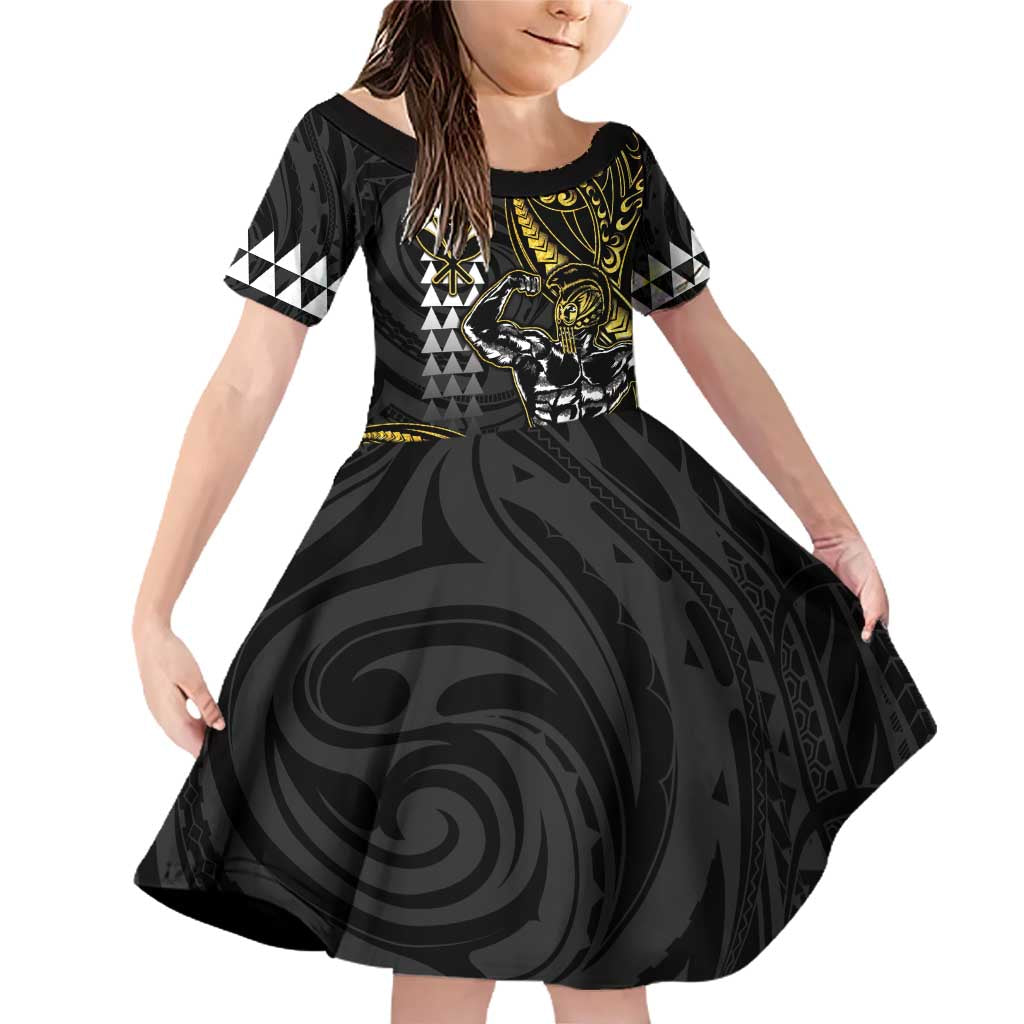 Hawaii Ikaika Warrior Helmet Family Matching Off Shoulder Short Dress and Hawaiian Shirt Gold Style LT05 Daughter's Dress Gold - Polynesian Pride