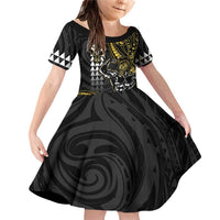 Hawaii Ikaika Warrior Helmet Family Matching Off Shoulder Short Dress and Hawaiian Shirt Gold Style LT05 Daughter's Dress Gold - Polynesian Pride