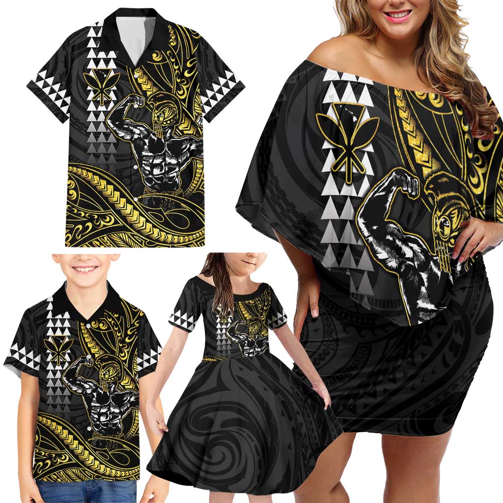 Hawaii Ikaika Warrior Helmet Family Matching Off Shoulder Short Dress and Hawaiian Shirt Gold Style LT05 - Polynesian Pride