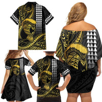 Hawaii Ikaika Warrior Helmet Family Matching Off Shoulder Short Dress and Hawaiian Shirt Gold Style LT05 - Polynesian Pride