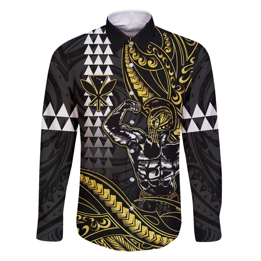 Hawaii Ikaika Warrior Helmet Family Matching Off Shoulder Short Dress and Hawaiian Shirt Gold Style LT05 Dad's Shirt - Long Sleeve Gold - Polynesian Pride