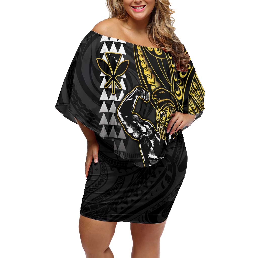 Hawaii Ikaika Warrior Helmet Family Matching Off Shoulder Short Dress and Hawaiian Shirt Gold Style LT05 Mom's Dress Gold - Polynesian Pride