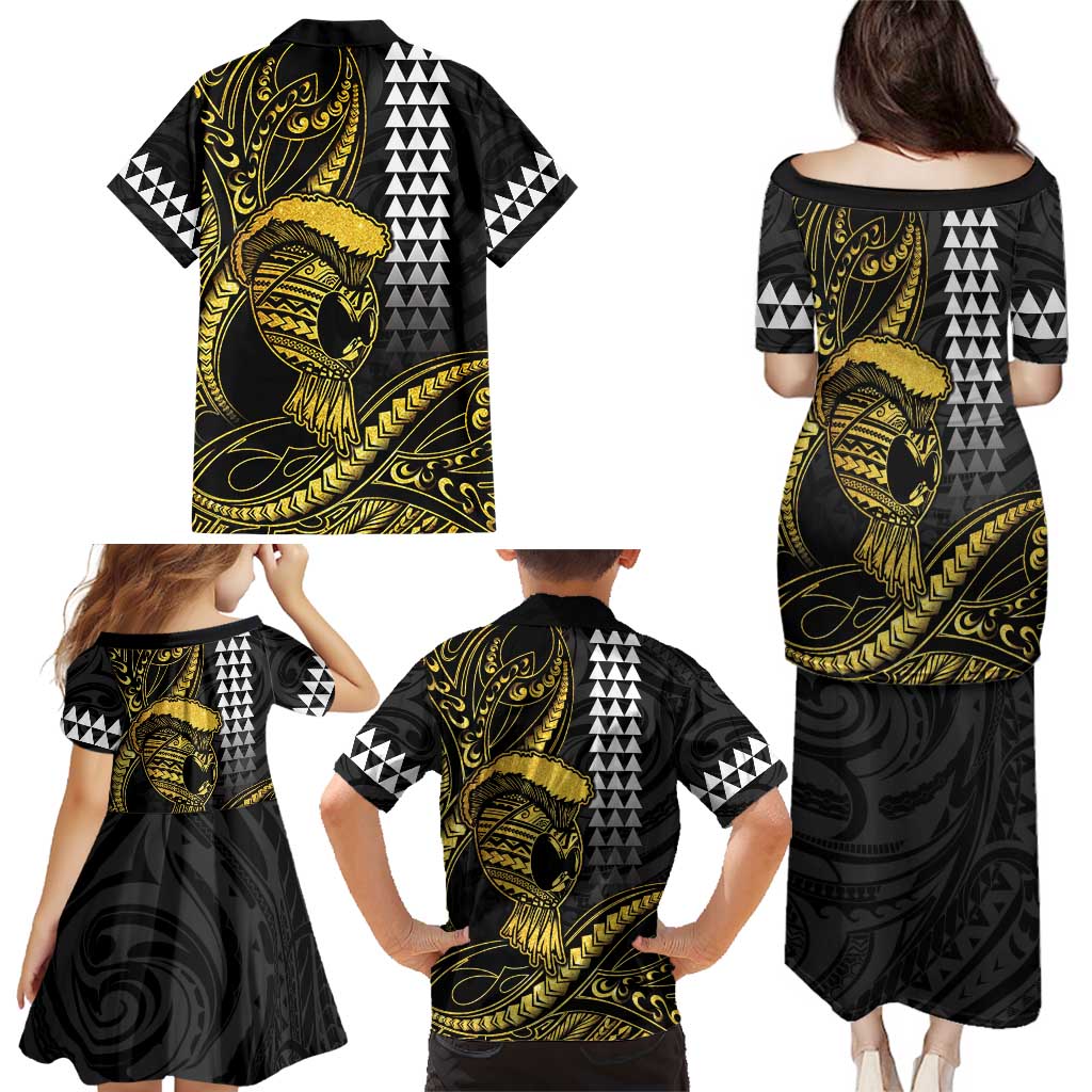 Hawaii Ikaika Warrior Helmet Family Matching Puletasi and Hawaiian Shirt Gold Style