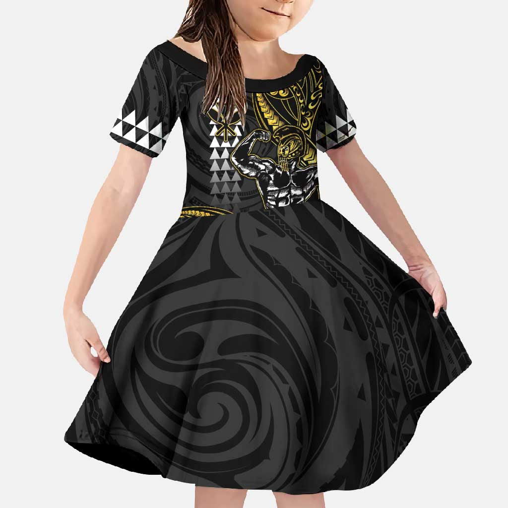Hawaii Ikaika Warrior Helmet Family Matching Summer Maxi Dress and Hawaiian Shirt Gold Style LT05 Daughter's Dress Gold - Polynesian Pride