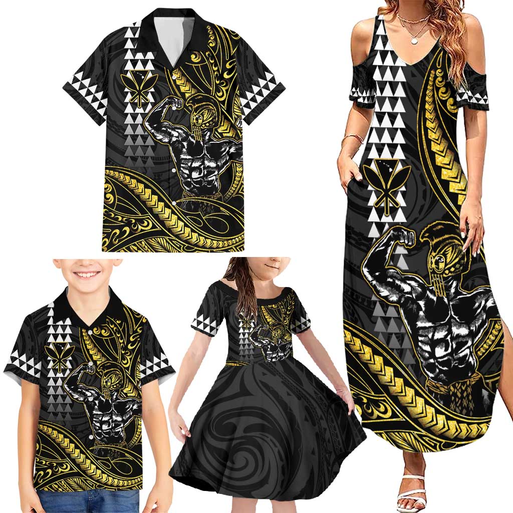 Hawaii Ikaika Warrior Helmet Family Matching Summer Maxi Dress and Hawaiian Shirt Gold Style LT05 - Polynesian Pride