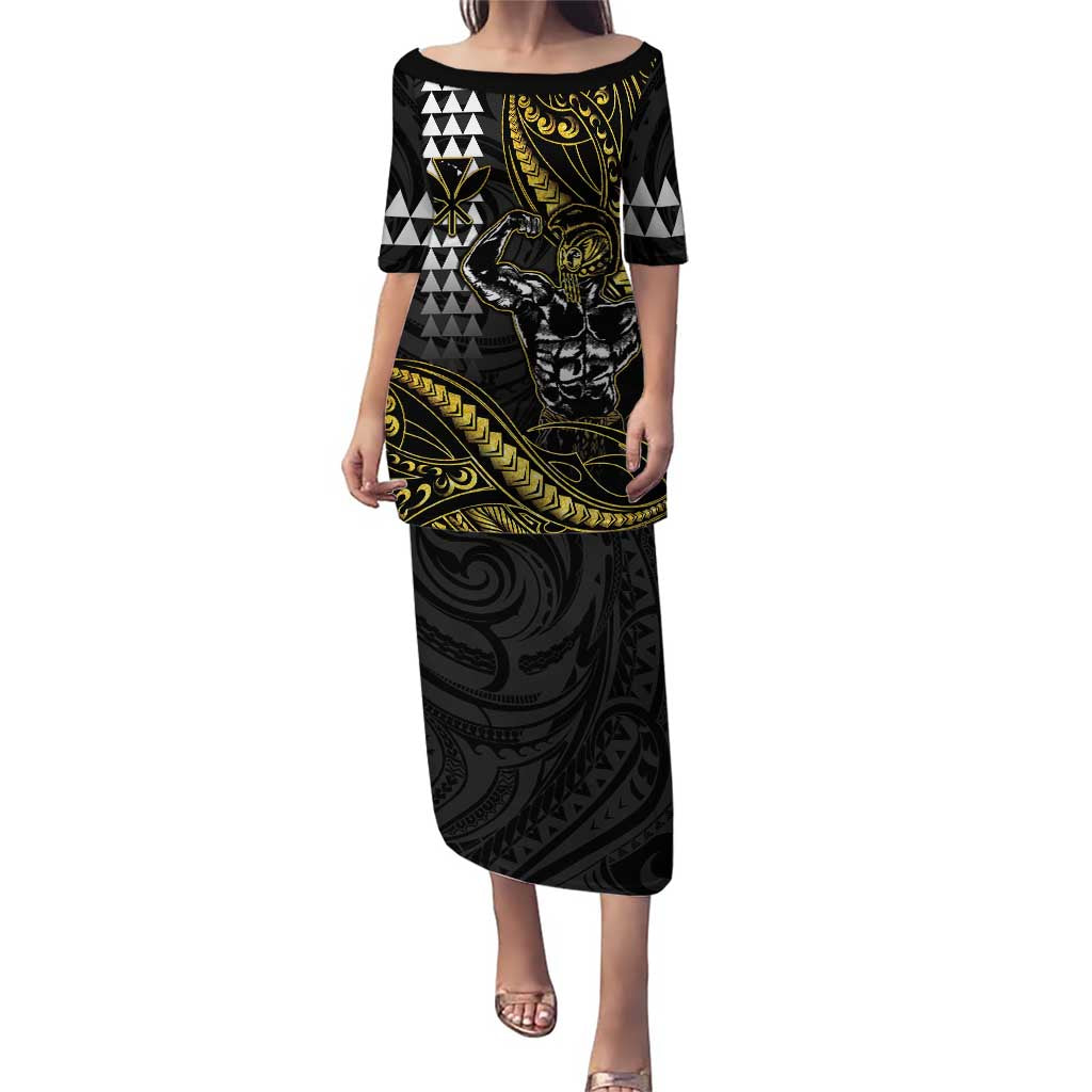 Hawaii Ikaika Warrior Helmet Puletasi Gold Style LT05 Long Dress Gold - Polynesian Pride