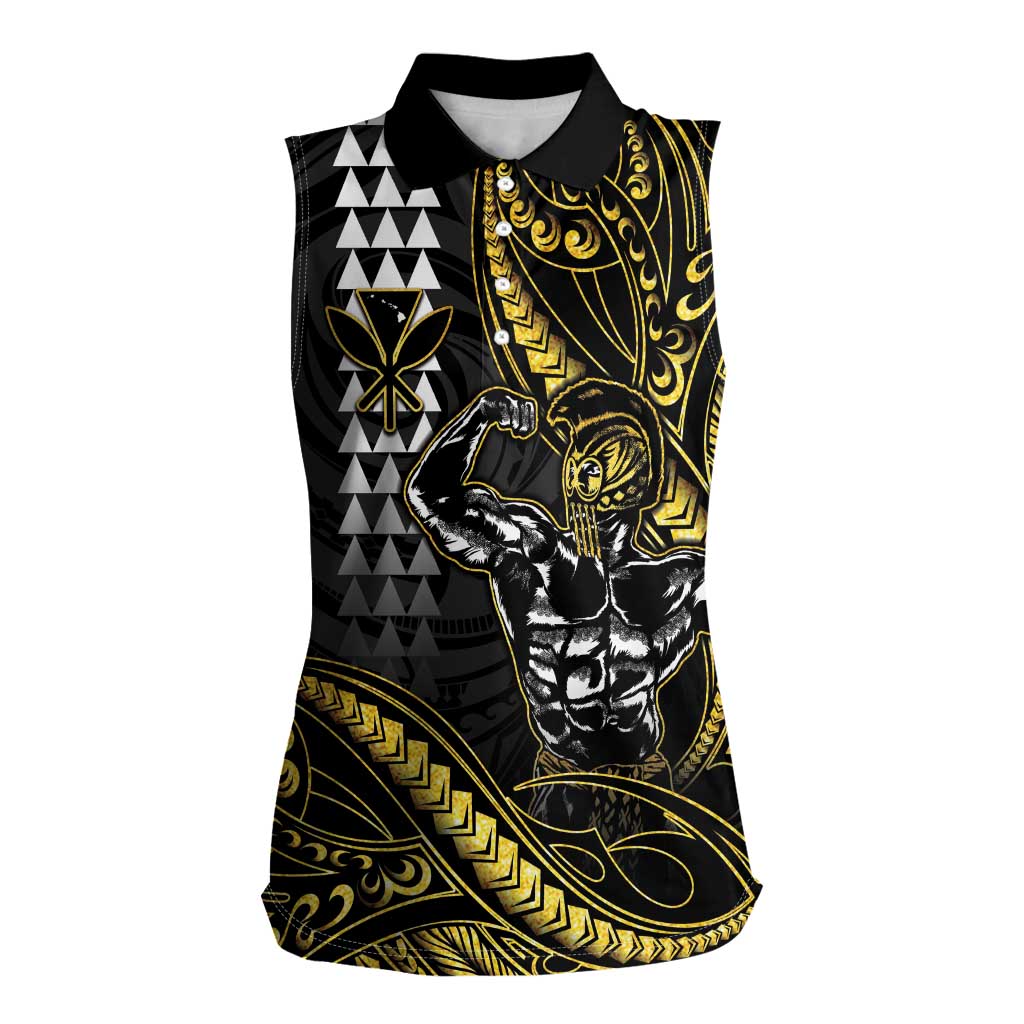 Hawaii Ikaika Warrior Helmet Women Sleeveless Polo Shirt Gold Style LT05 Female Gold - Polynesian Pride