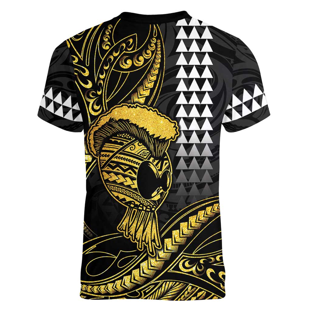 Hawaii Ikaika Warrior Helmet Women V-Neck T-Shirt Gold Style LT05 - Polynesian Pride