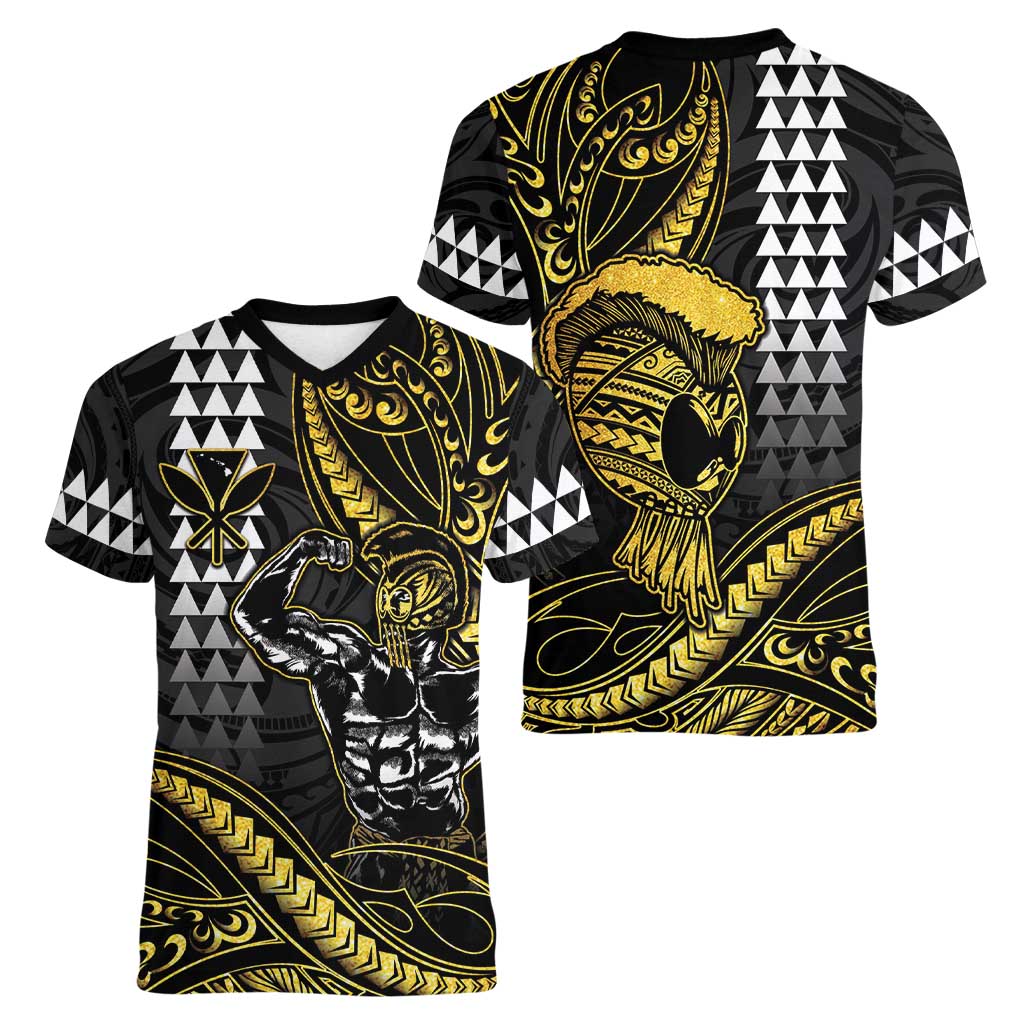 Hawaii Ikaika Warrior Helmet Women V-Neck T-Shirt Gold Style LT05 - Polynesian Pride