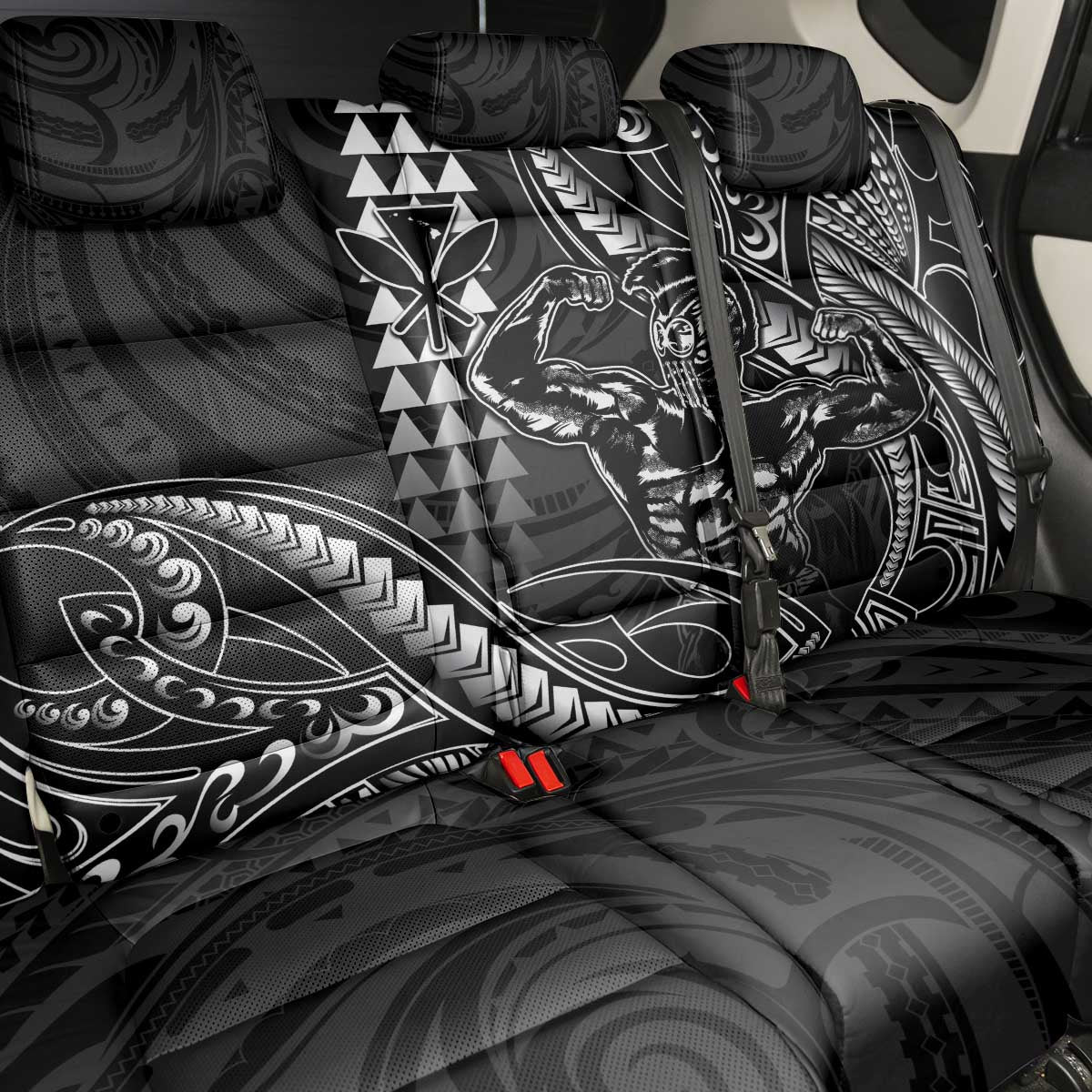 Hawaii Ikaika Warrior Helmet Back Car Seat Cover Black Tribal Tattoo LT05 - Polynesian Pride
