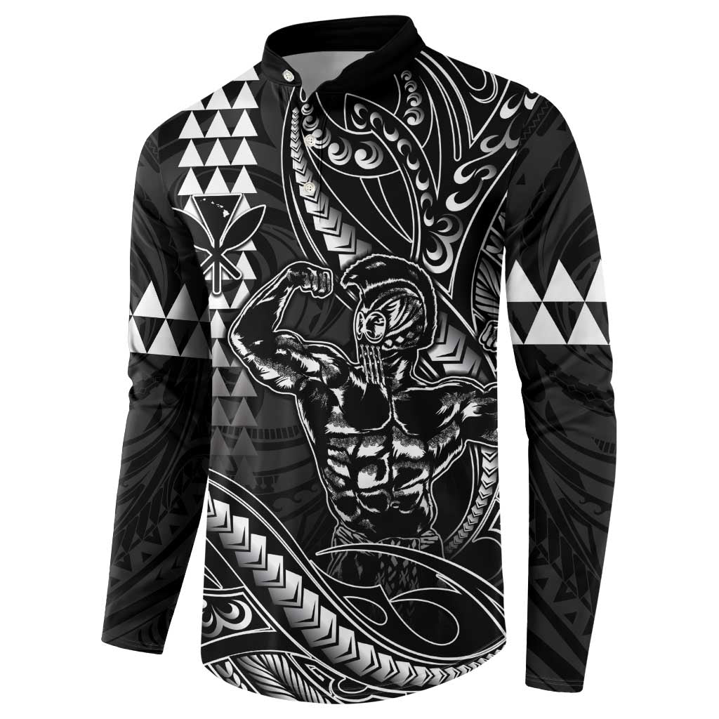 Hawaii Ikaika Warrior Helmet Button Sweatshirt Black Tribal Tattoo LT05 - Polynesian Pride