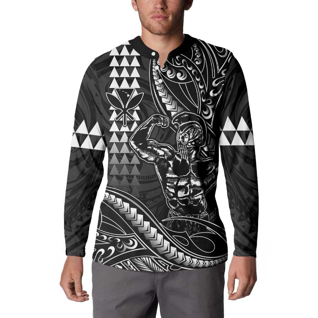 Hawaii Ikaika Warrior Helmet Button Sweatshirt Black Tribal Tattoo LT05 - Polynesian Pride