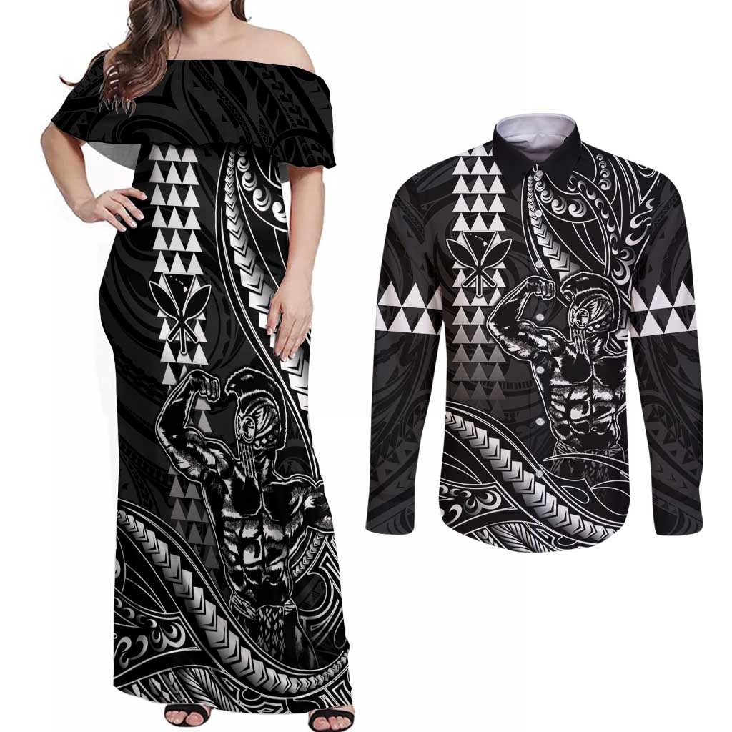 Hawaii Ikaika Warrior Helmet Couples Matching Off Shoulder Maxi Dress and Long Sleeve Button Shirt Black Tribal Tattoo LT05 Black - Polynesian Pride