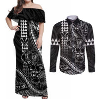 Hawaii Ikaika Warrior Helmet Couples Matching Off Shoulder Maxi Dress and Long Sleeve Button Shirt Black Tribal Tattoo LT05 Black - Polynesian Pride