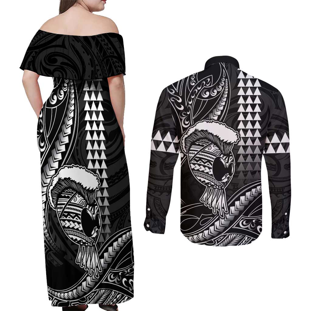 Hawaii Ikaika Warrior Helmet Couples Matching Off Shoulder Maxi Dress and Long Sleeve Button Shirt Black Tribal Tattoo LT05 - Polynesian Pride