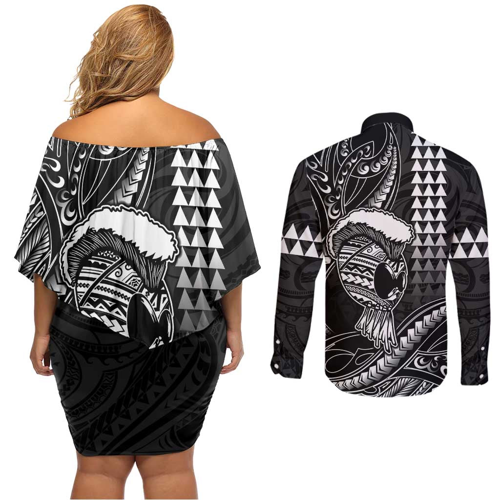 Hawaii Ikaika Warrior Helmet Couples Matching Off Shoulder Short Dress and Long Sleeve Button Shirt Black Tribal Tattoo LT05 - Polynesian Pride