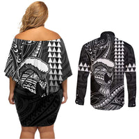 Hawaii Ikaika Warrior Helmet Couples Matching Off Shoulder Short Dress and Long Sleeve Button Shirt Black Tribal Tattoo LT05 - Polynesian Pride