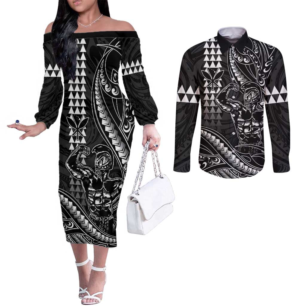 Hawaii Ikaika Warrior Helmet Couples Matching Off The Shoulder Long Sleeve Dress and Long Sleeve Button Shirt Black Tribal Tattoo LT05 Black - Polynesian Pride