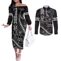 Hawaii Ikaika Warrior Helmet Couples Matching Off The Shoulder Long Sleeve Dress and Long Sleeve Button Shirt Black Tribal Tattoo LT05 Black - Polynesian Pride