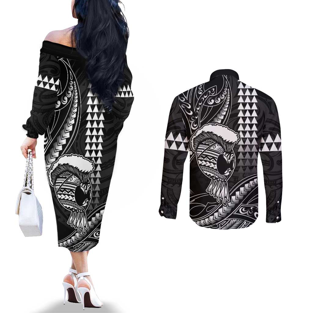 Hawaii Ikaika Warrior Helmet Couples Matching Off The Shoulder Long Sleeve Dress and Long Sleeve Button Shirt Black Tribal Tattoo LT05 - Polynesian Pride