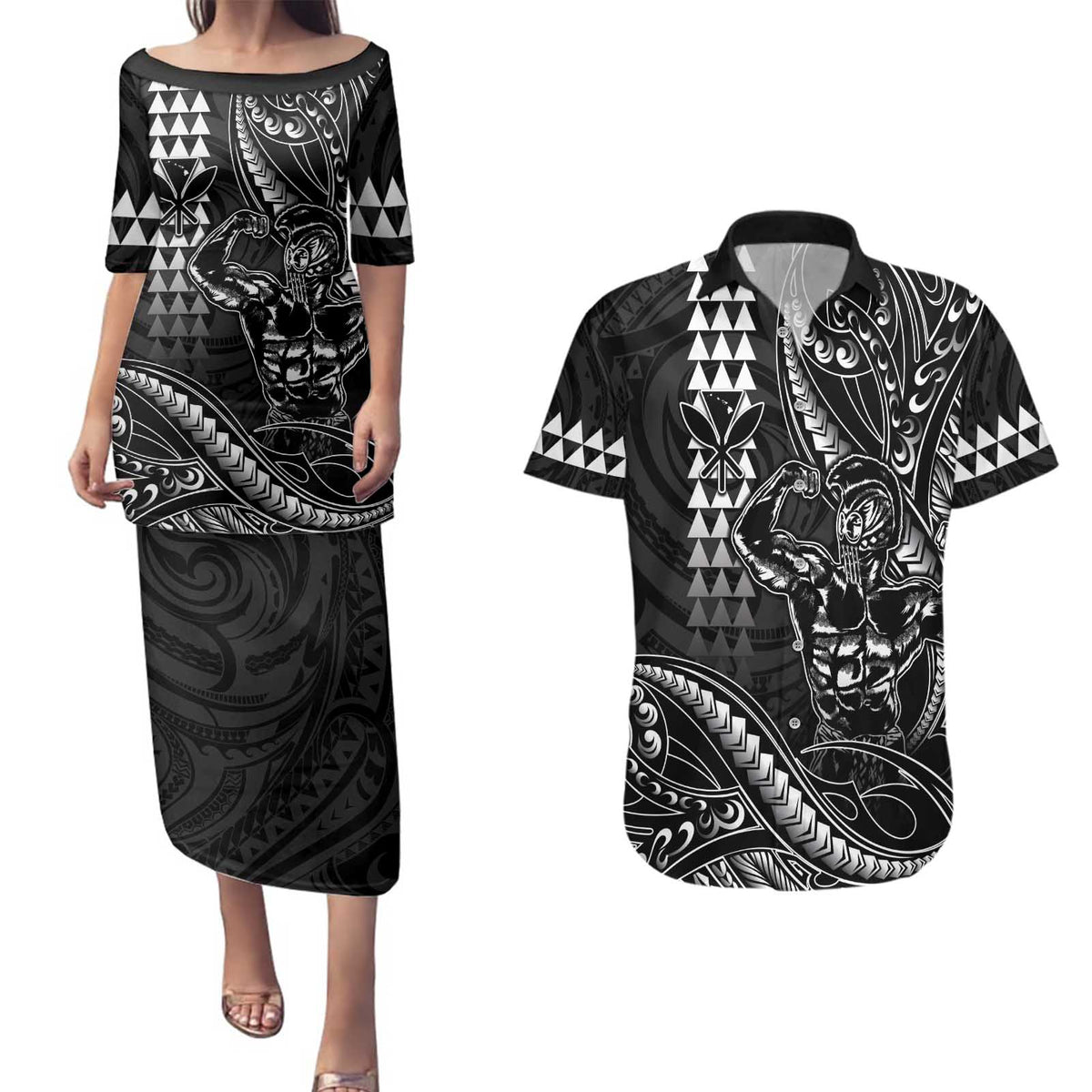Hawaii Ikaika Warrior Helmet Couples Matching Puletasi and Hawaiian Shirt Black Tribal Tattoo LT05 Black - Polynesian Pride