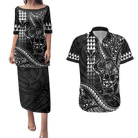 Hawaii Ikaika Warrior Helmet Couples Matching Puletasi and Hawaiian Shirt Black Tribal Tattoo LT05 Black - Polynesian Pride