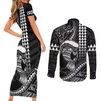 Hawaii Ikaika Warrior Helmet Couples Matching Short Sleeve Bodycon Dress and Long Sleeve Button Shirt Black Tribal Tattoo LT05 - Polynesian Pride