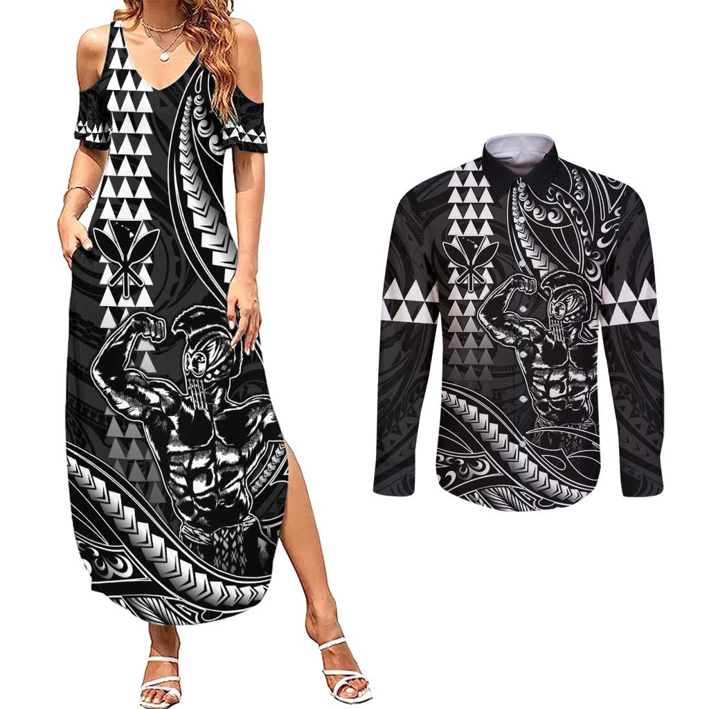Hawaii Ikaika Warrior Helmet Couples Matching Summer Maxi Dress and Long Sleeve Button Shirt Black Tribal Tattoo LT05 Black - Polynesian Pride