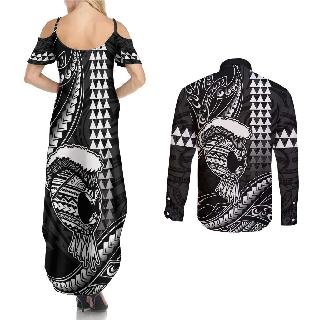 Hawaii Ikaika Warrior Helmet Couples Matching Summer Maxi Dress and Long Sleeve Button Shirt Black Tribal Tattoo LT05 - Polynesian Pride